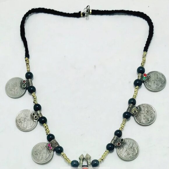 Vintage Kuchi Afghan Pendant Necklace: Beaded Coins, Tribal Jewelry - Picture 3 of 10